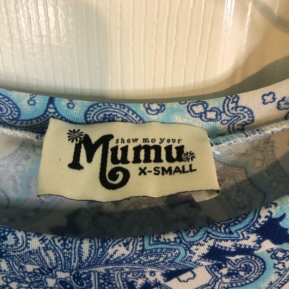 Show Me Your Mumu Size XS Blue & White Paisley Tunic Long Sleeve Boho Slinky - Picture 2 of 4